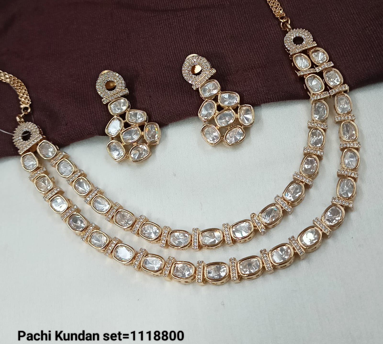 Elegant Double Layer Pachi Kundan Necklace Set with Earrings